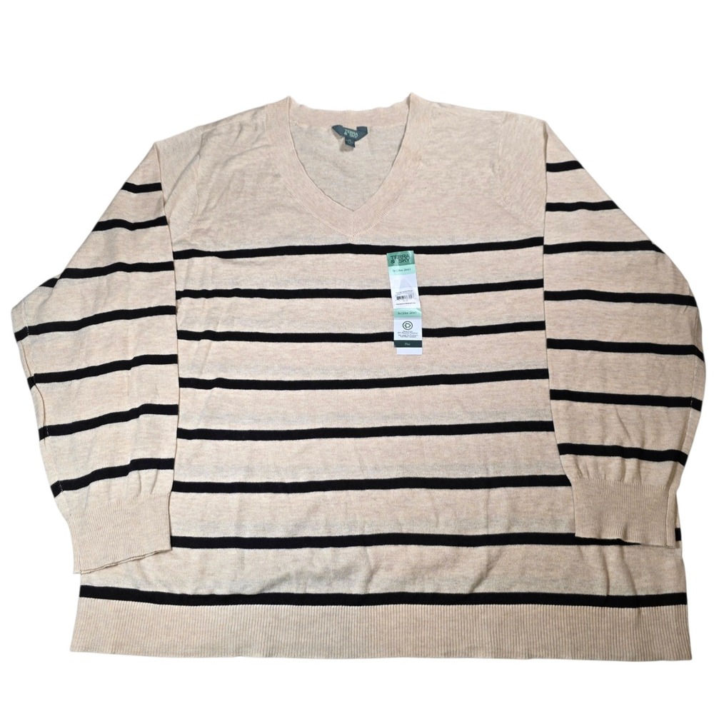 Terra & Sky Women V-Neck Sweater Oatmeal Heather Black Stripe Long Sleeve 3X NWT